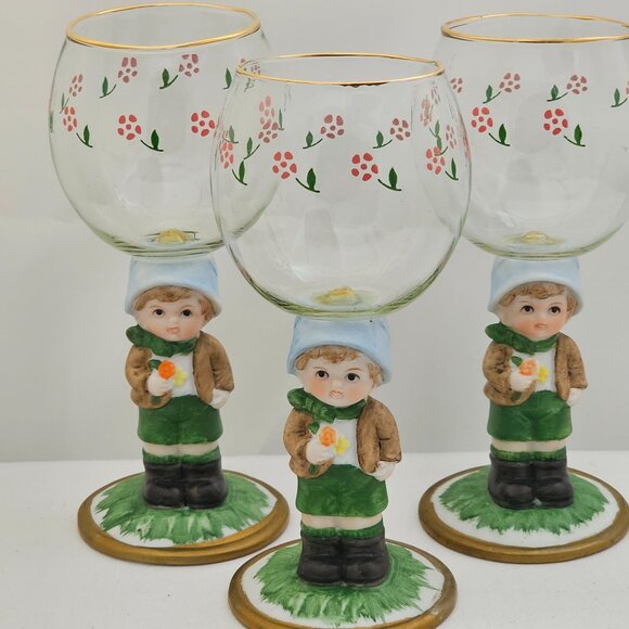 1980s Porcelain Figurine Wine Glasses set-3 by JSNY Taiwan whimsical sweet wine - Picture 2 of 14